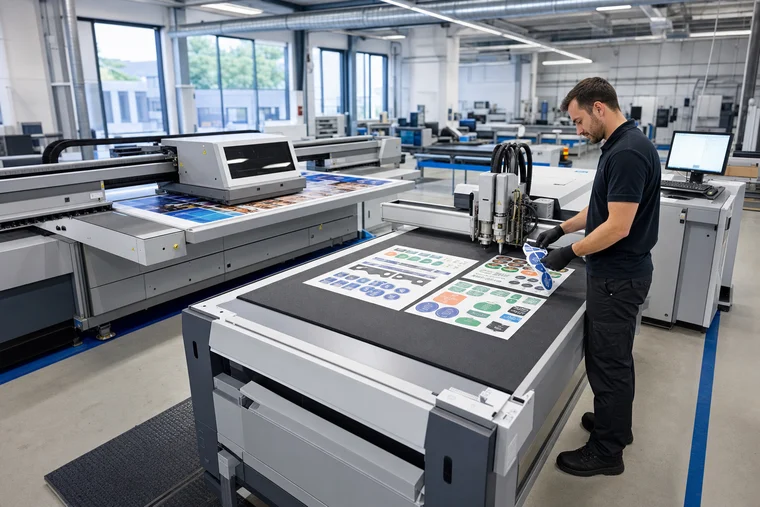 Moderne AP Produktionshalle mit UV-Drucker, Präzisionscutter und Qualitätskontrolle