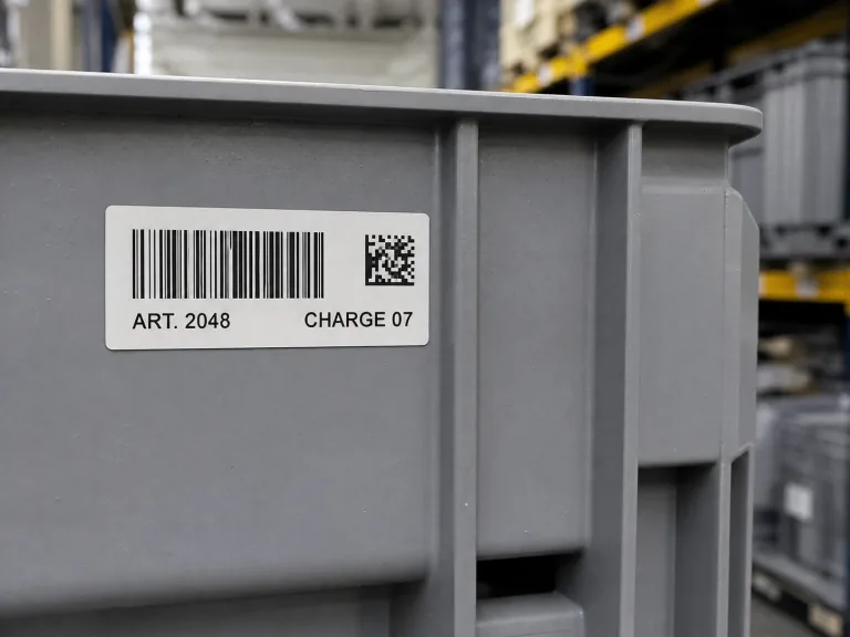 Barcode-, DataMatrix- und Chargenetikett auf einer Lagerbox
