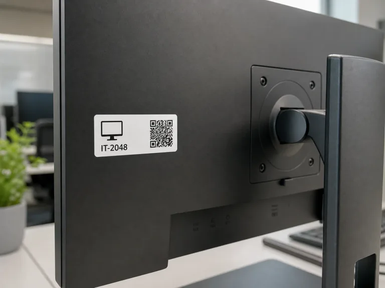 Inventaraufkleber mit Gerätenummer und QR-Code auf einem Monitor