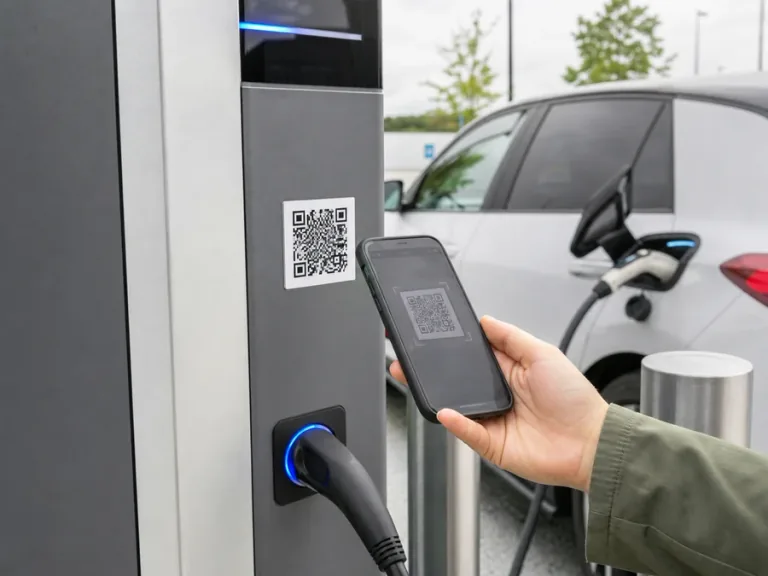 Laminierter QR-Code-Aufkleber an einer Ladesäule beim Scannen