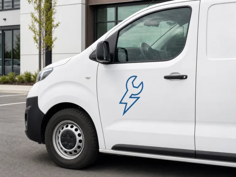 Konturgeschnittener Firmenaufkleber auf der Tür eines Servicefahrzeugs